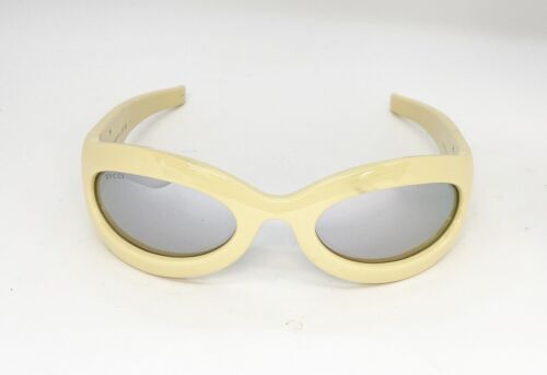 Gucci GG1247S 004 Sunglasses Cream Yellow / Grey Mirrored Silver Oval Wrap  Gallery Image 0