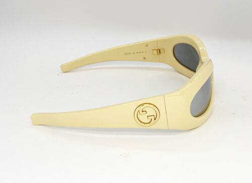 Gucci GG1247S 004 Sunglasses Cream Yellow / Grey Mirrored Silver Oval Wrap  Gallery Image 1